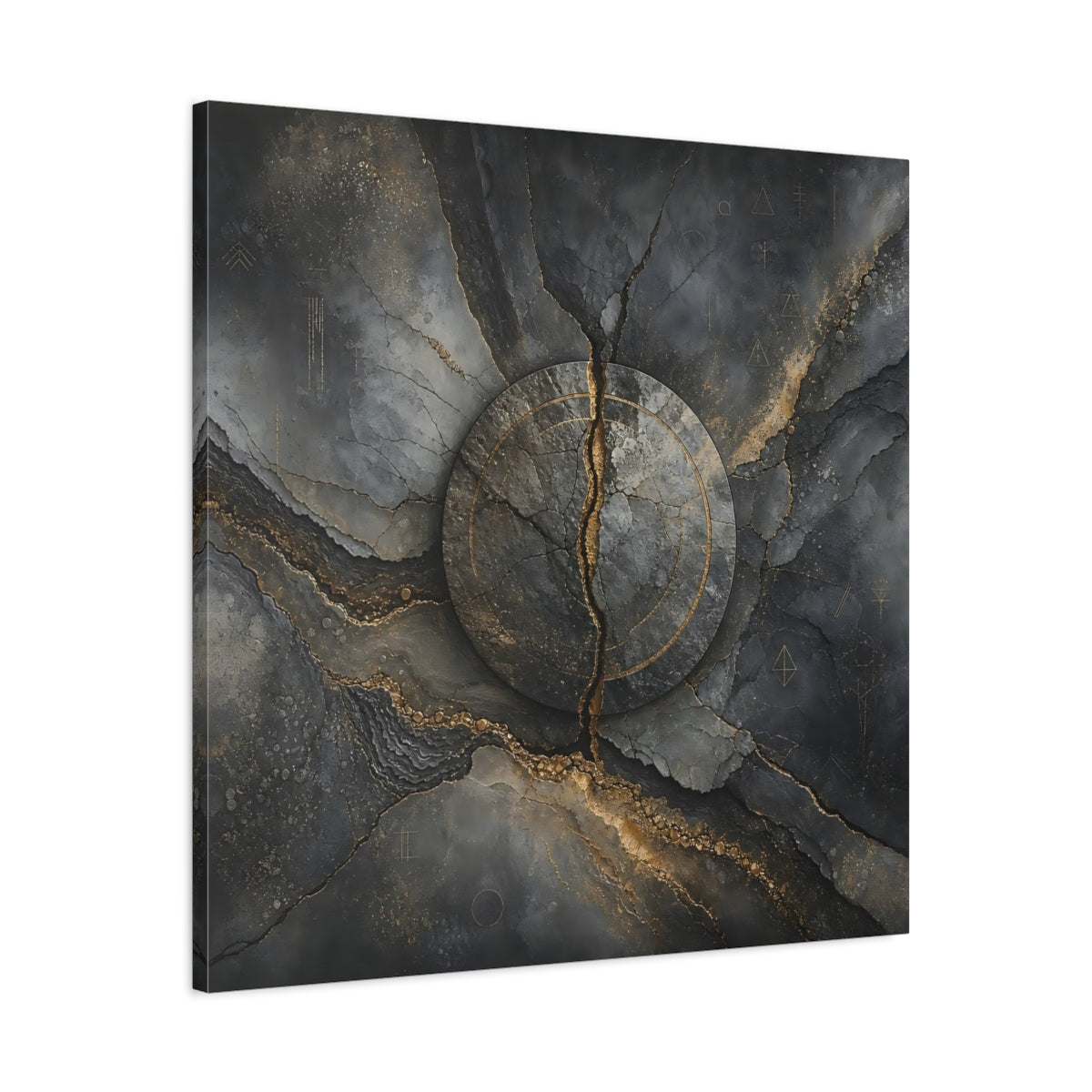 Side Mockup 3. Abstract Cracked Stone Gray And Gold shown as stretched canvas wall art
