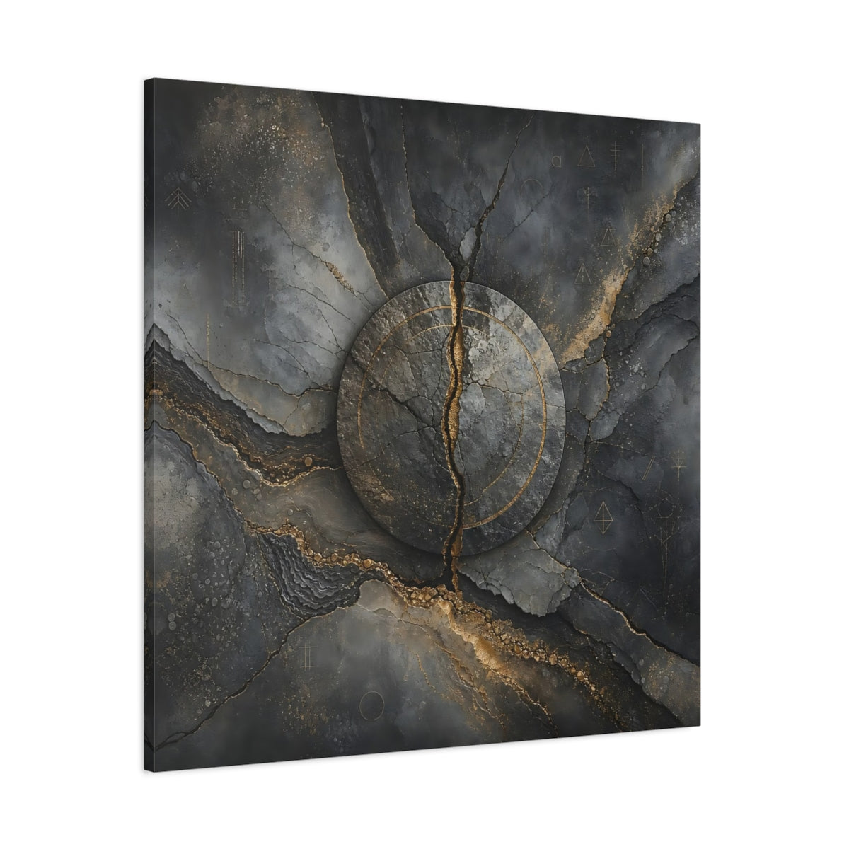 Side Mockup 1. Abstract Cracked Stone Gray And Gold shown as stretched canvas wall art
