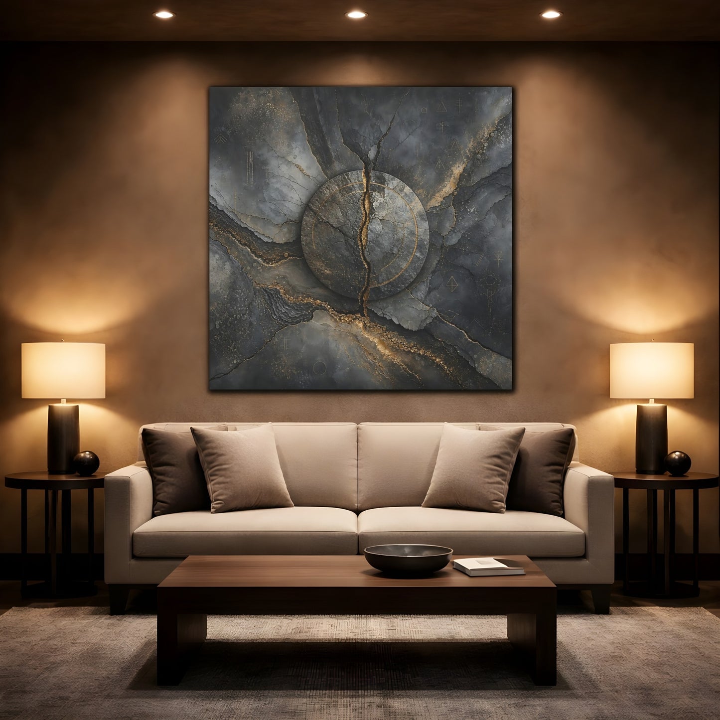Mockup 2. Abstract Cracked Stone Gray And Gold shown as stretched canvas wall art