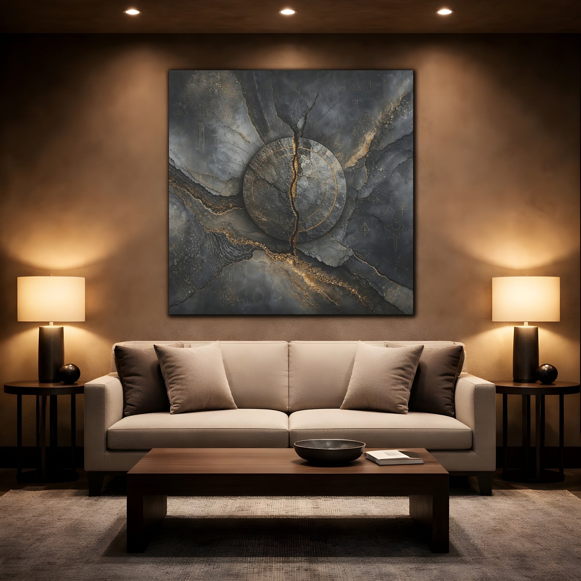 Mockup 2. Abstract Cracked Stone Gray And Gold shown as stretched canvas wall art