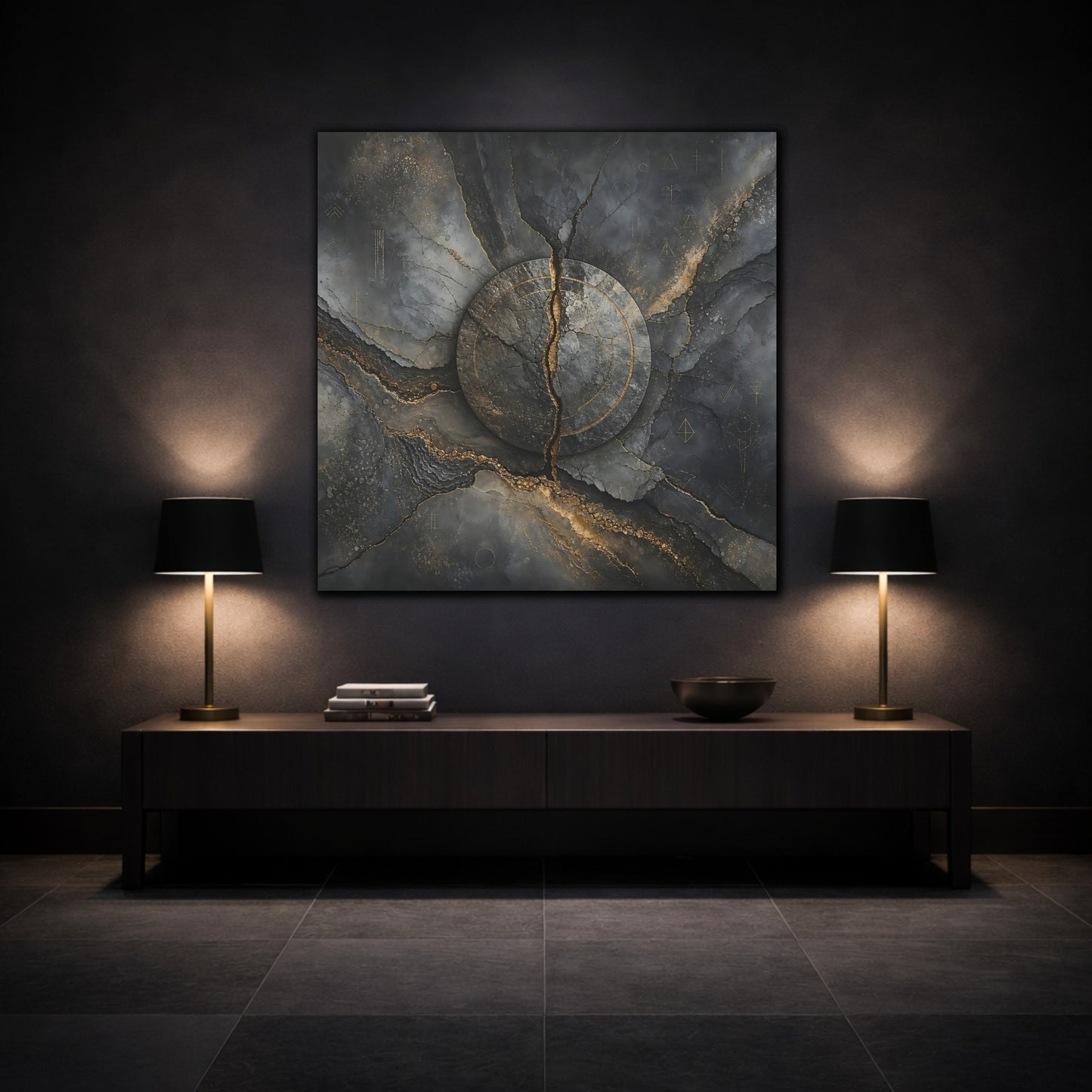 Mockup 3. Abstract Cracked Stone Gray And Gold shown as stretched canvas wall art