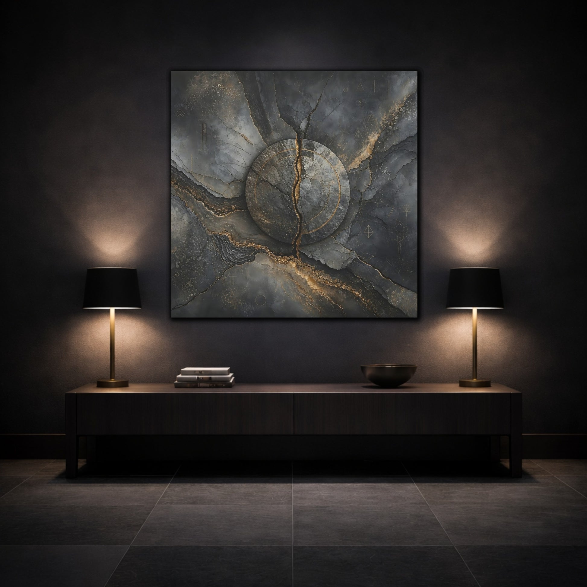 Mockup 3. Abstract Cracked Stone Gray And Gold shown as stretched canvas wall art