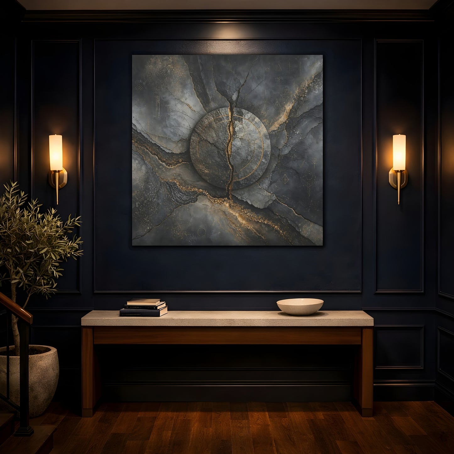 Mockup 4. Abstract Cracked Stone Gray And Gold shown as stretched canvas wall art