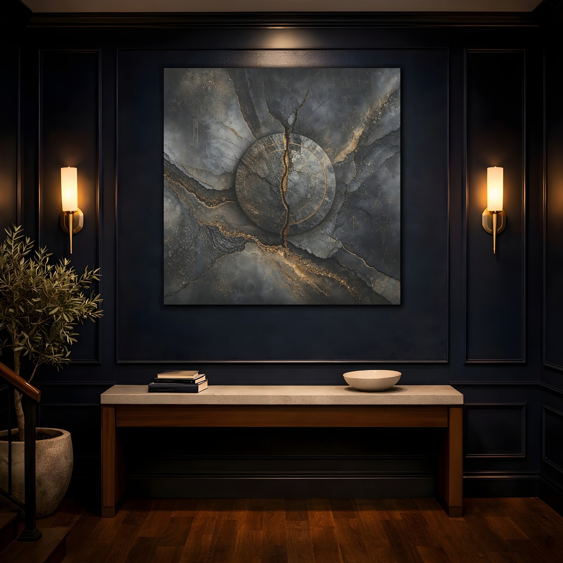 Mockup 4. Abstract Cracked Stone Gray And Gold shown as stretched canvas wall art