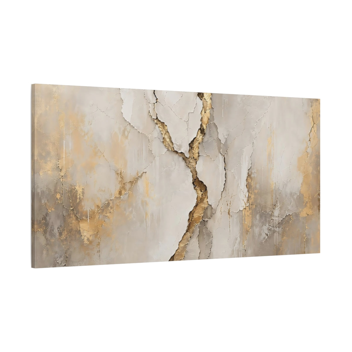 Side Mockup 2. Abstract Cracked Texture Beige And Gold shown as stretched canvas wall art