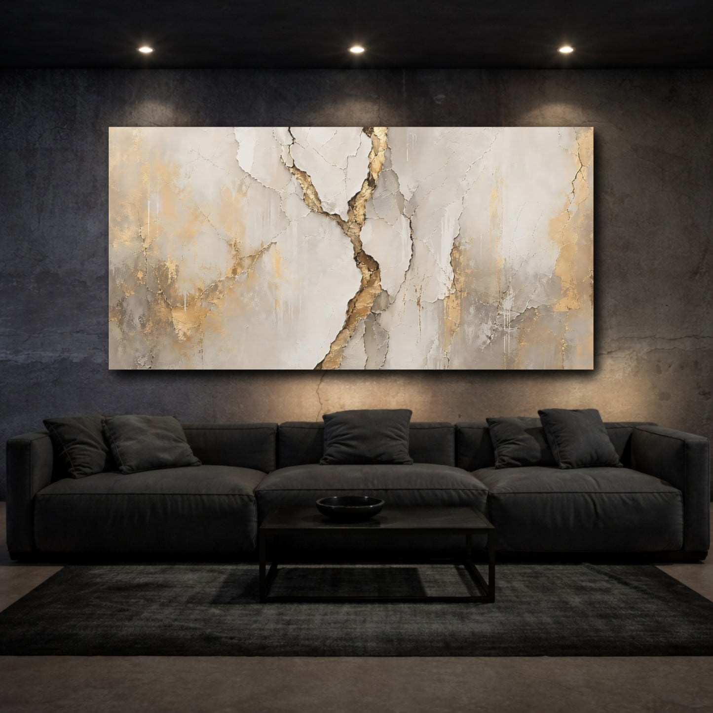 Mockup 2. Abstract Cracked Texture Beige And Gold shown as stretched canvas wall art