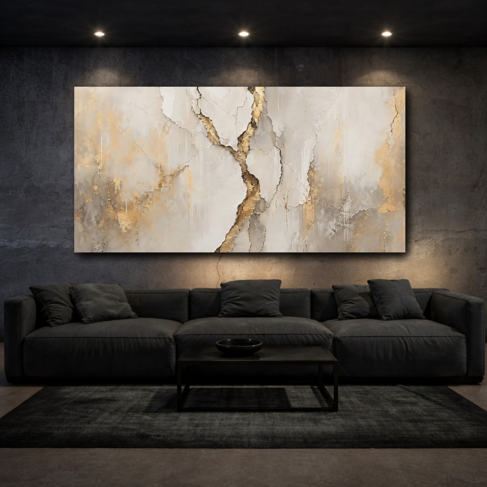 Mockup 2. Abstract Cracked Texture Beige And Gold shown as stretched canvas wall art