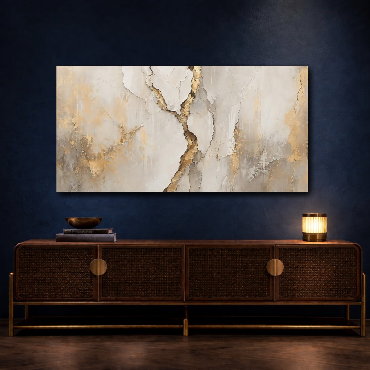Mockup 3. Abstract Cracked Texture Beige And Gold shown as stretched canvas wall art