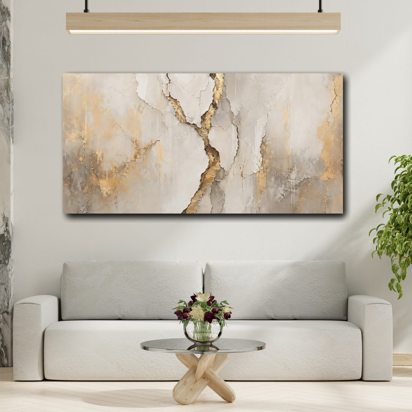 Mockup 4. Abstract Cracked Texture Beige And Gold shown as stretched canvas wall art