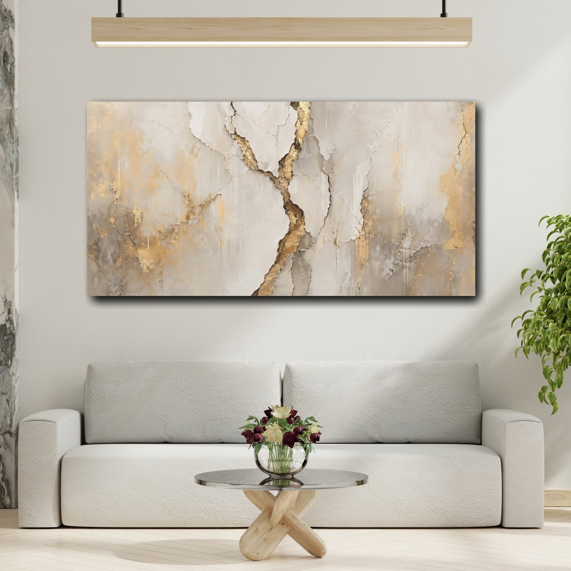 Mockup 4. Abstract Cracked Texture Beige And Gold shown as stretched canvas wall art