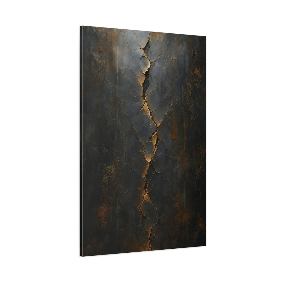 Side Mockup 1. Abstract Cracked Texture Dark Gold Cracks shown as stretched canvas wall art