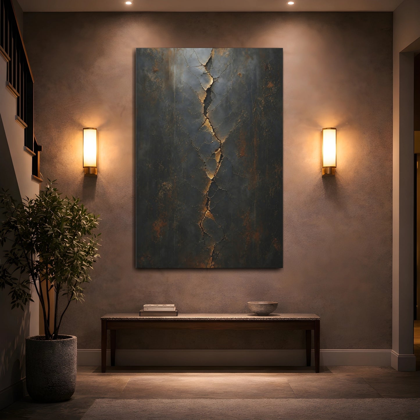 Mockup 2. Abstract Cracked Texture Dark Gold Cracks shown as stretched canvas wall art