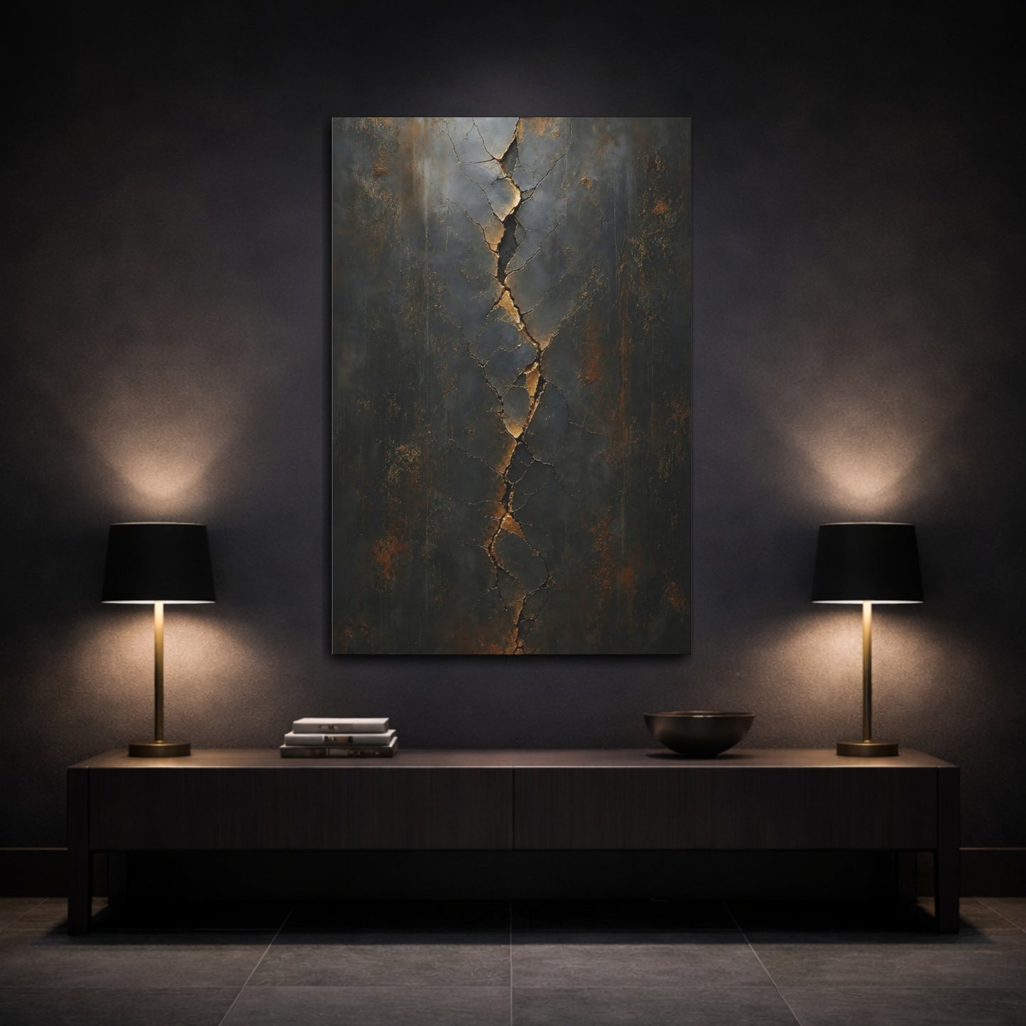 Mockup 3. Abstract Cracked Texture Dark Gold Cracks shown as stretched canvas wall art