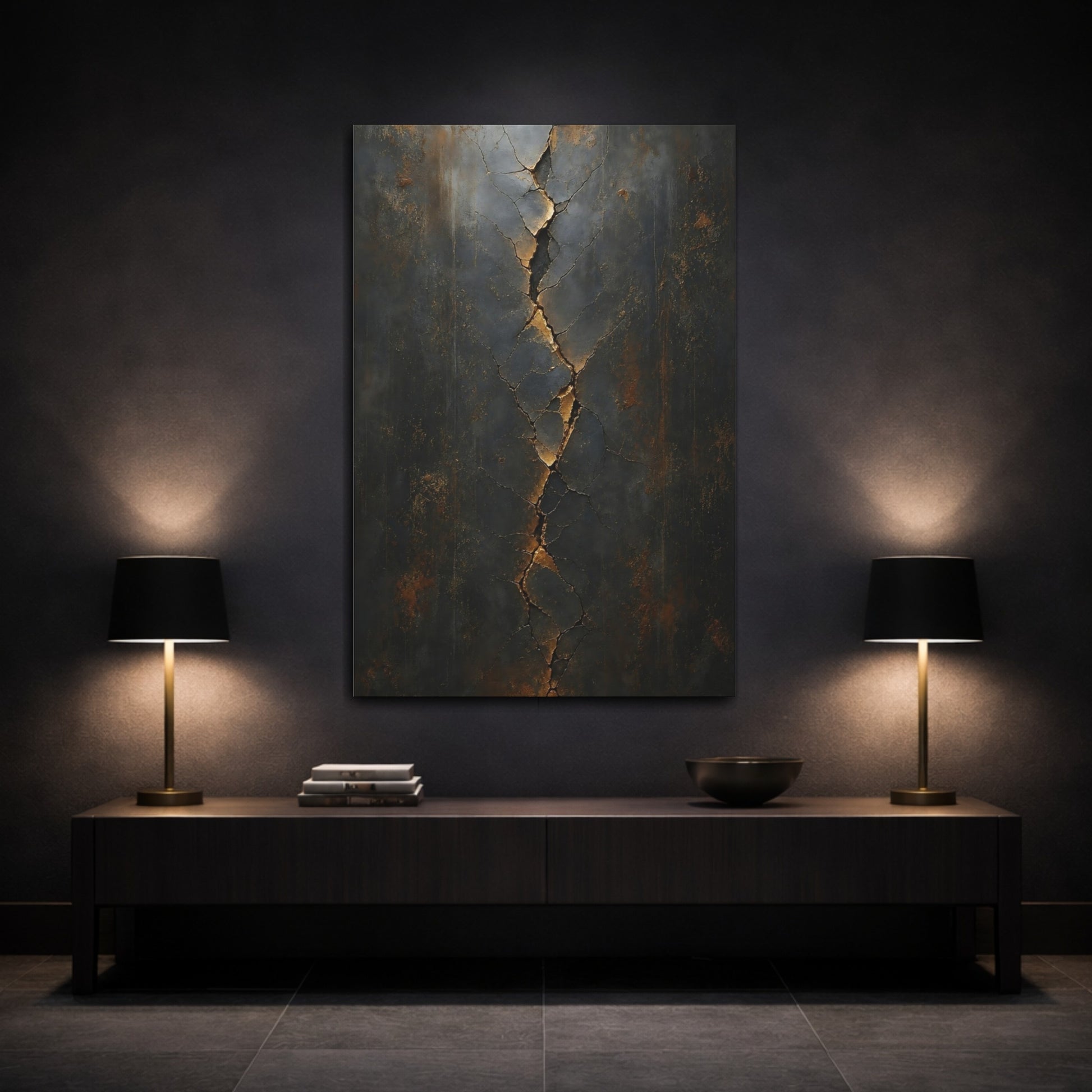 Mockup 3. Abstract Cracked Texture Dark Gold Cracks shown as stretched canvas wall art