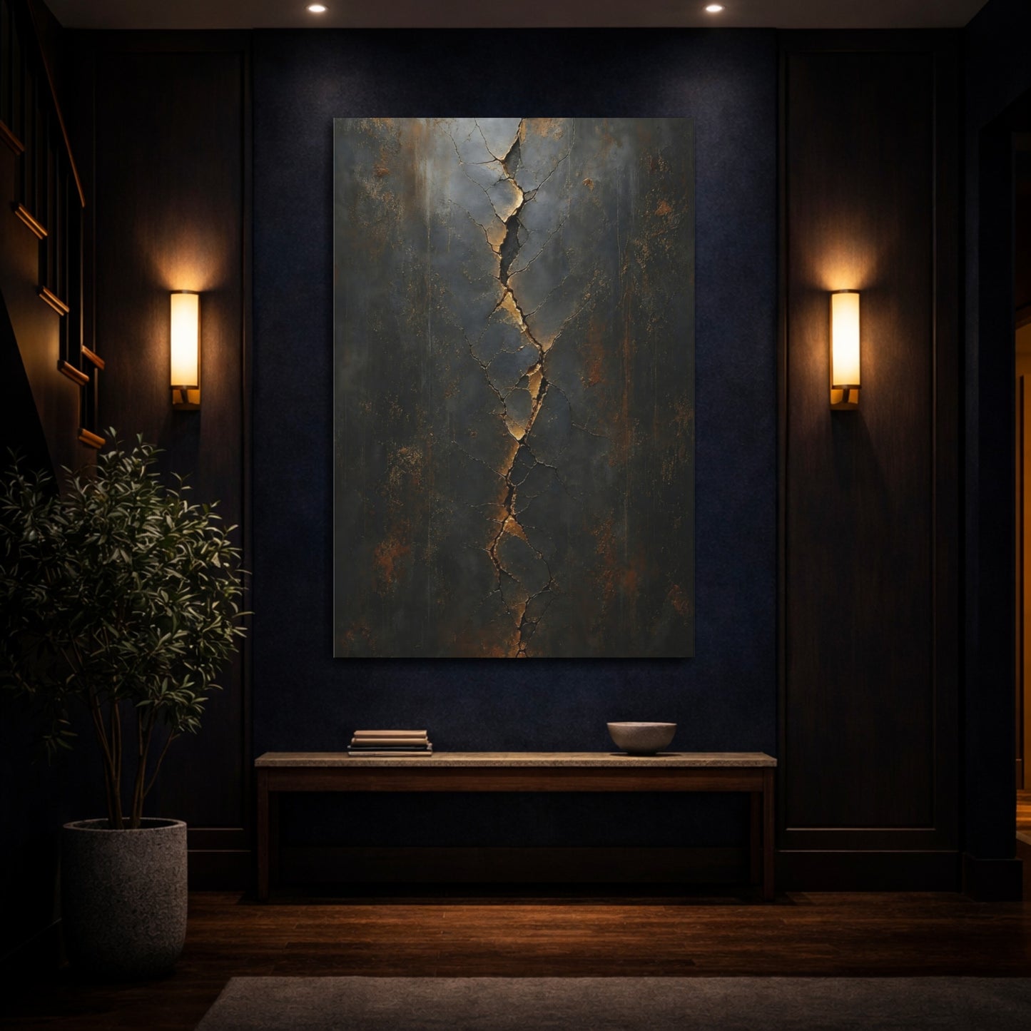 Mockup 4. Abstract Cracked Texture Dark Gold Cracks shown as stretched canvas wall art