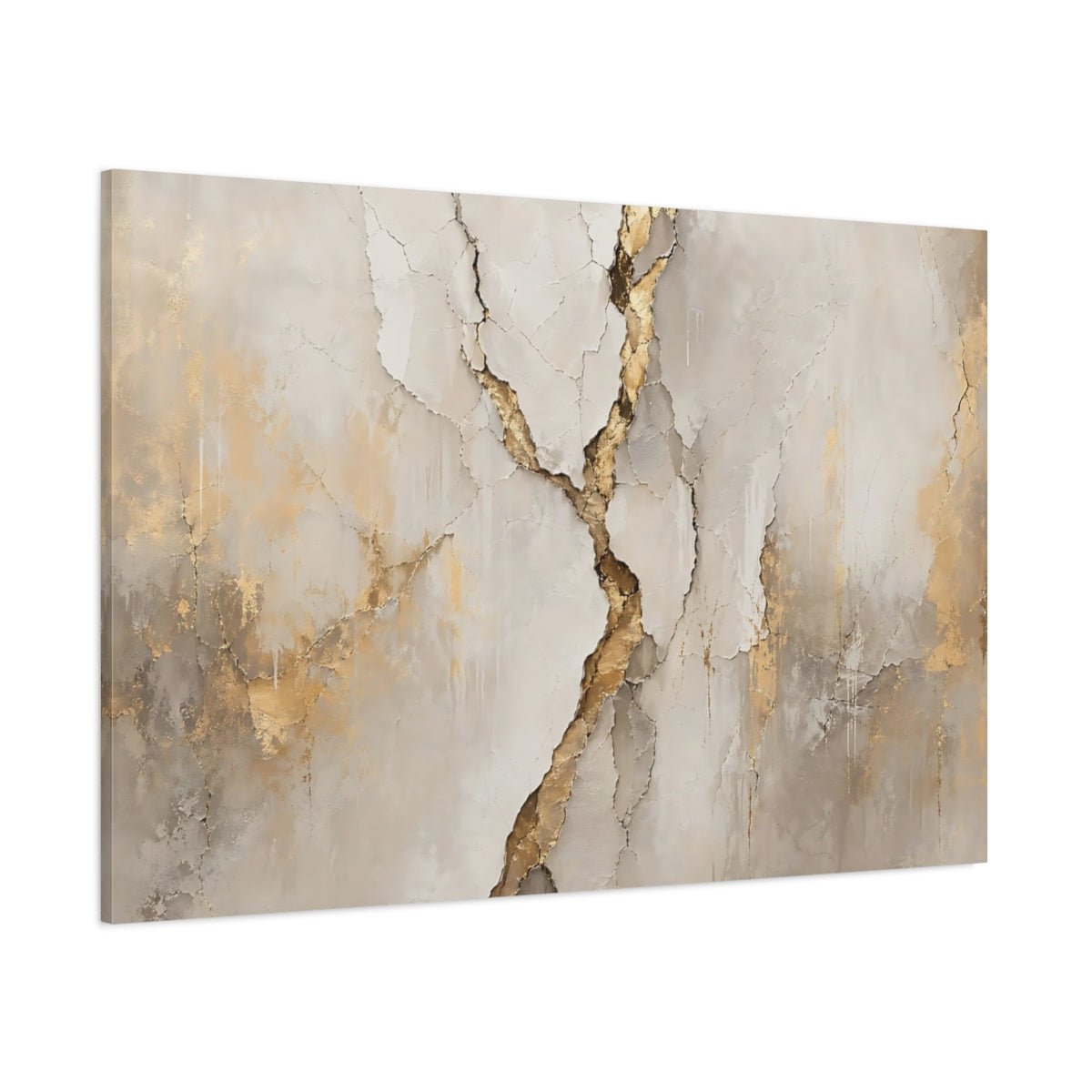 Side Mockup 1. Abstract Cracked Texture Gold And Beige shown as stretched canvas wall art