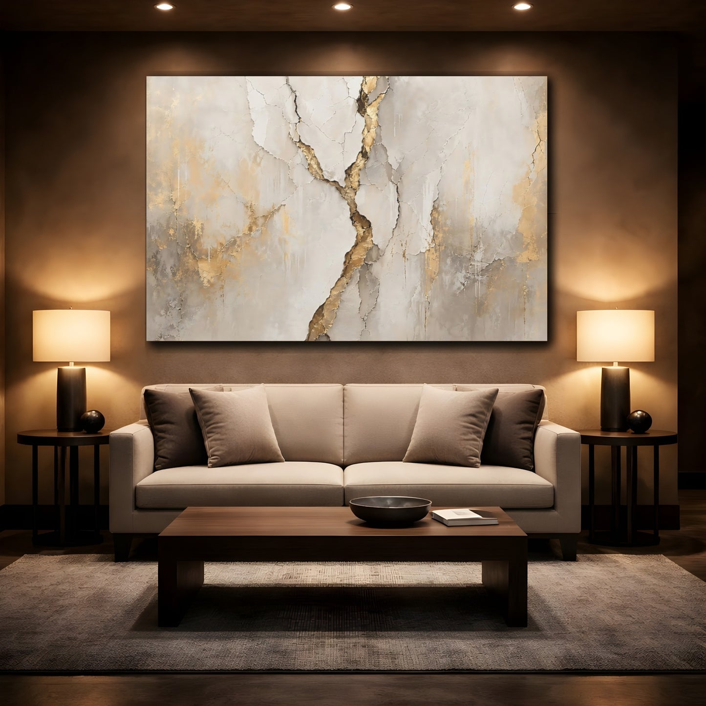 Mockup 2. Abstract Cracked Texture Gold And Beige shown as stretched canvas wall art
