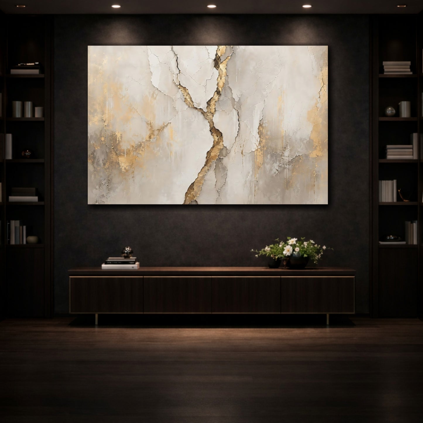 Mockup 3. Abstract Cracked Texture Gold And Beige shown as stretched canvas wall art