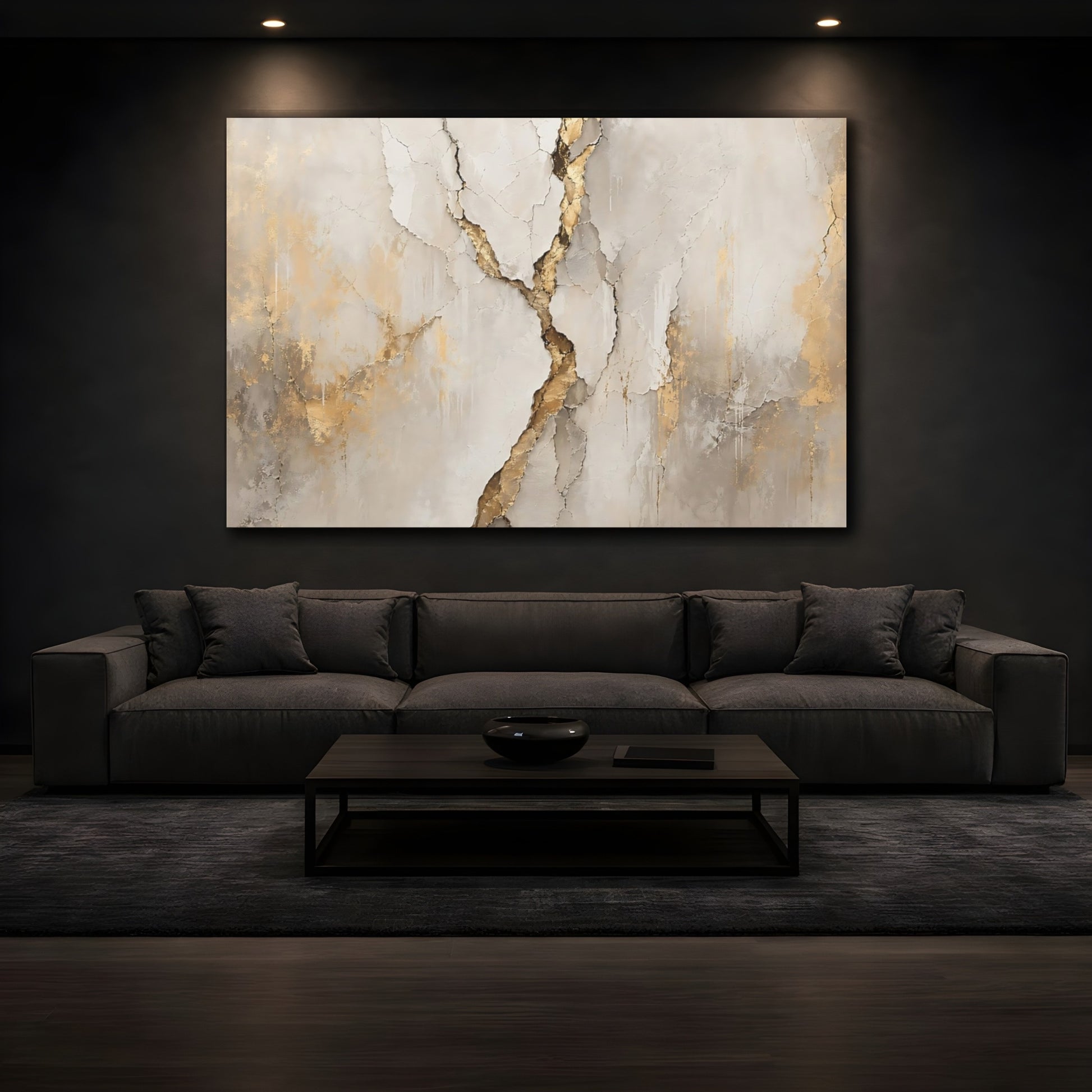 Mockup 4. Abstract Cracked Texture Gold And Beige shown as stretched canvas wall art