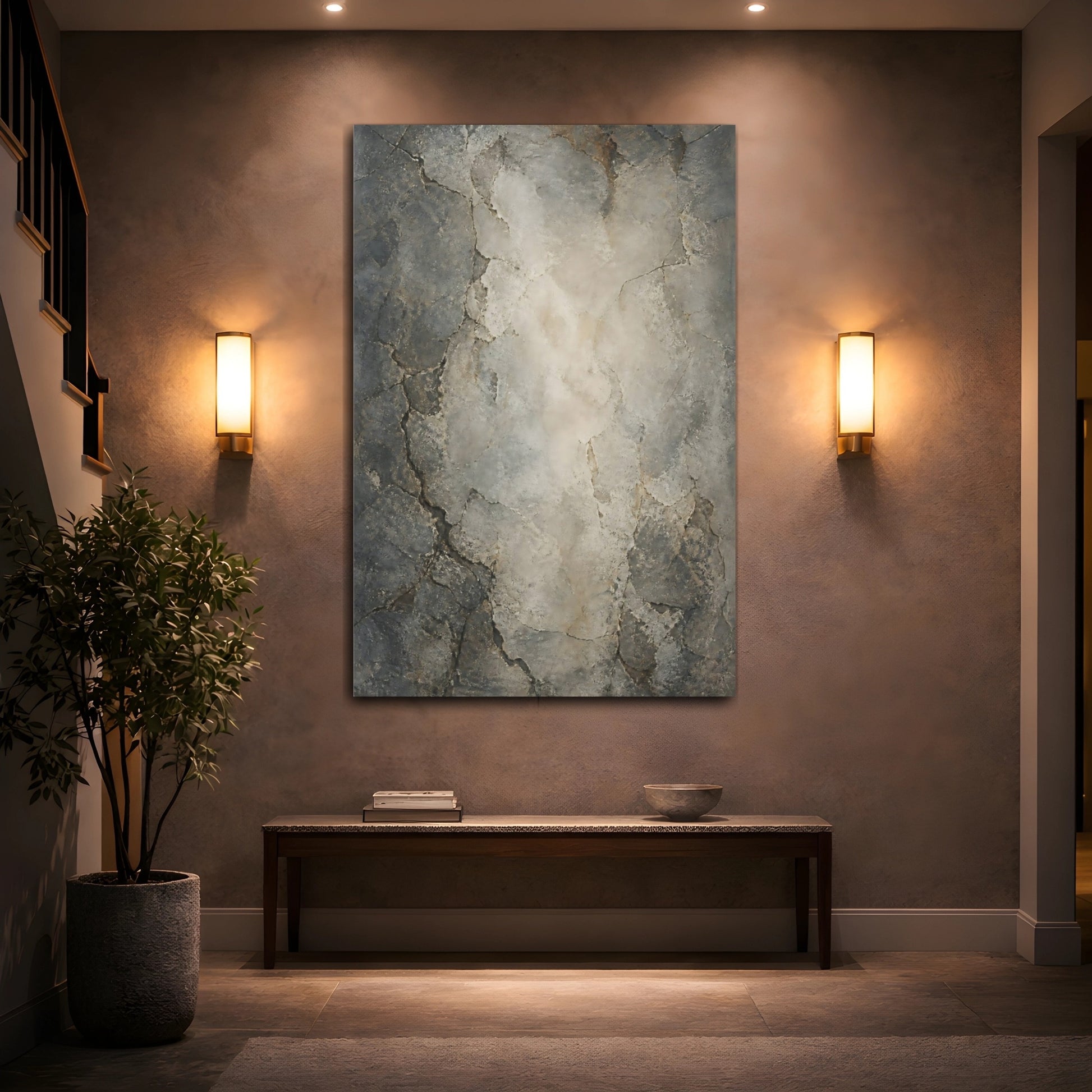 Mockup 2. Abstract Cracked Texture Gray And Brown shown as stretched canvas wall art