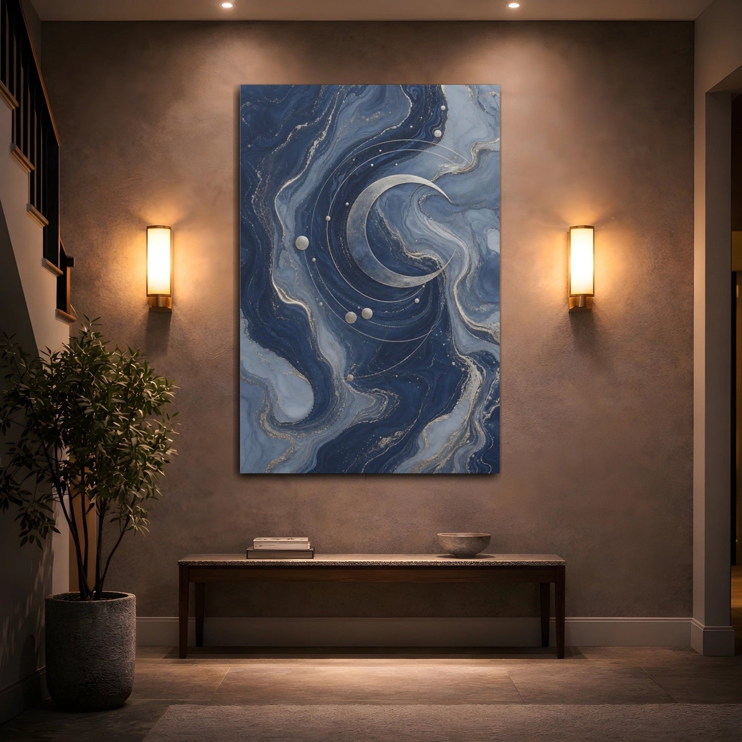 Abstract Crescent Moon Blue And Gold Canvas Wall Art Print – Living Room, Above Fireplace - YesArtYes