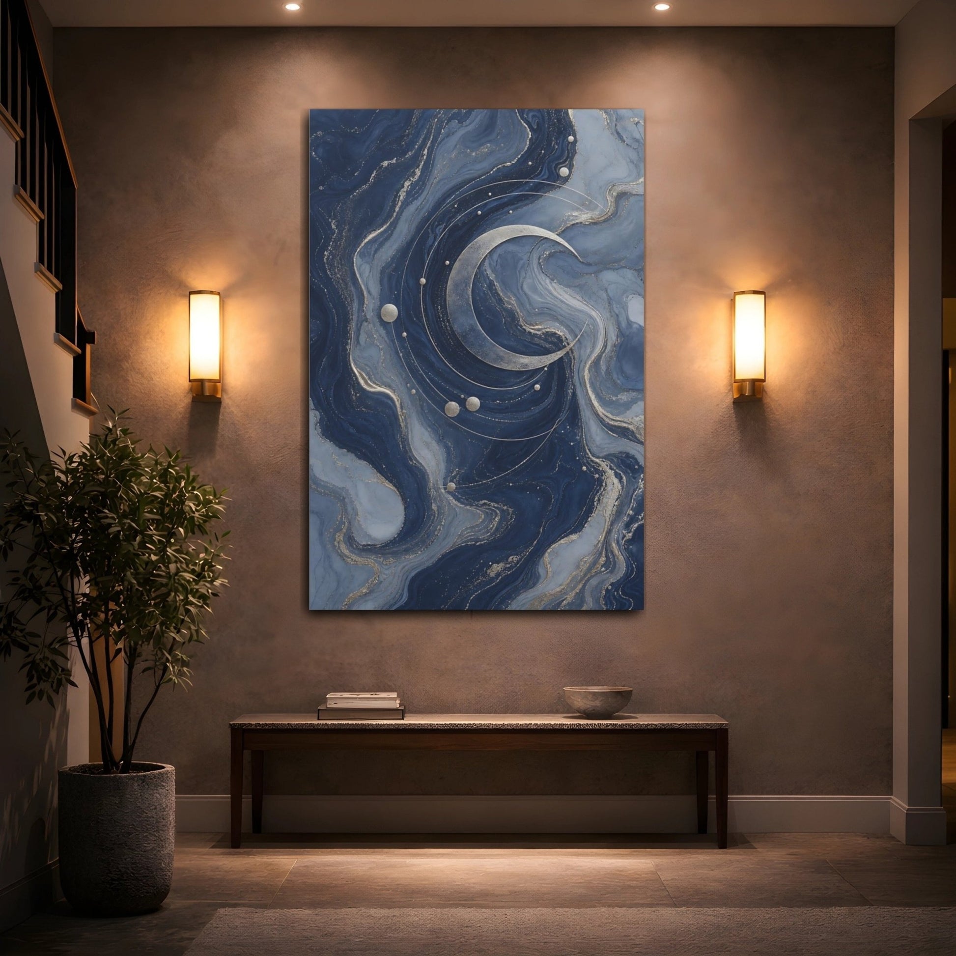 Abstract Crescent Moon Blue And Gold Canvas Wall Art Print – Living Room, Above Fireplace - YesArtYes