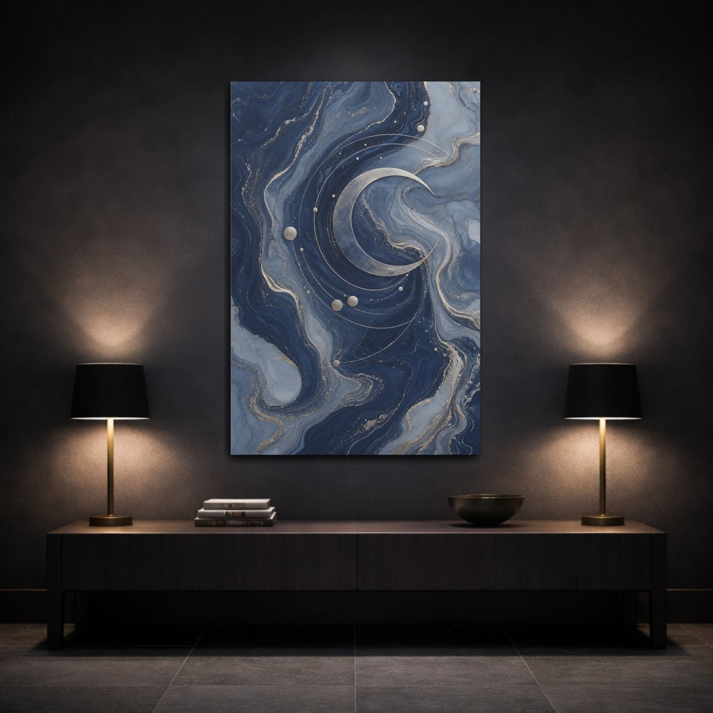Abstract Crescent Moon Blue And Gold Canvas Wall Art Print – Living Room, Above Fireplace - YesArtYes