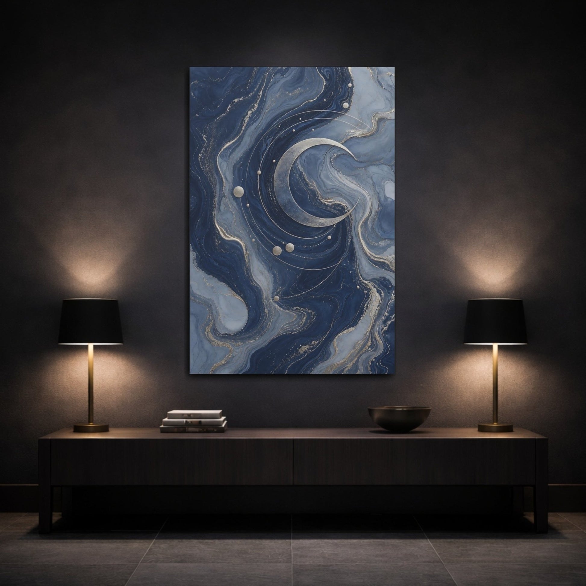 Abstract Crescent Moon Blue And Gold Canvas Wall Art Print – Living Room, Above Fireplace - YesArtYes