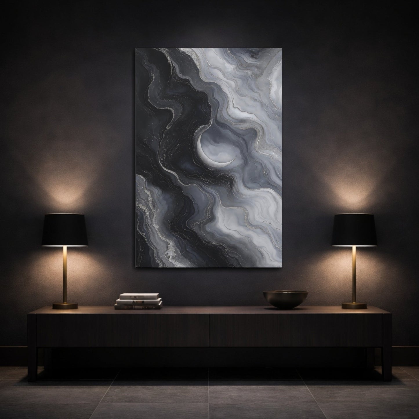 Abstract Crescent Moon Dark Gray Silver Canvas Print – Living Room, Large Wall, Monochrome - YesArtYes