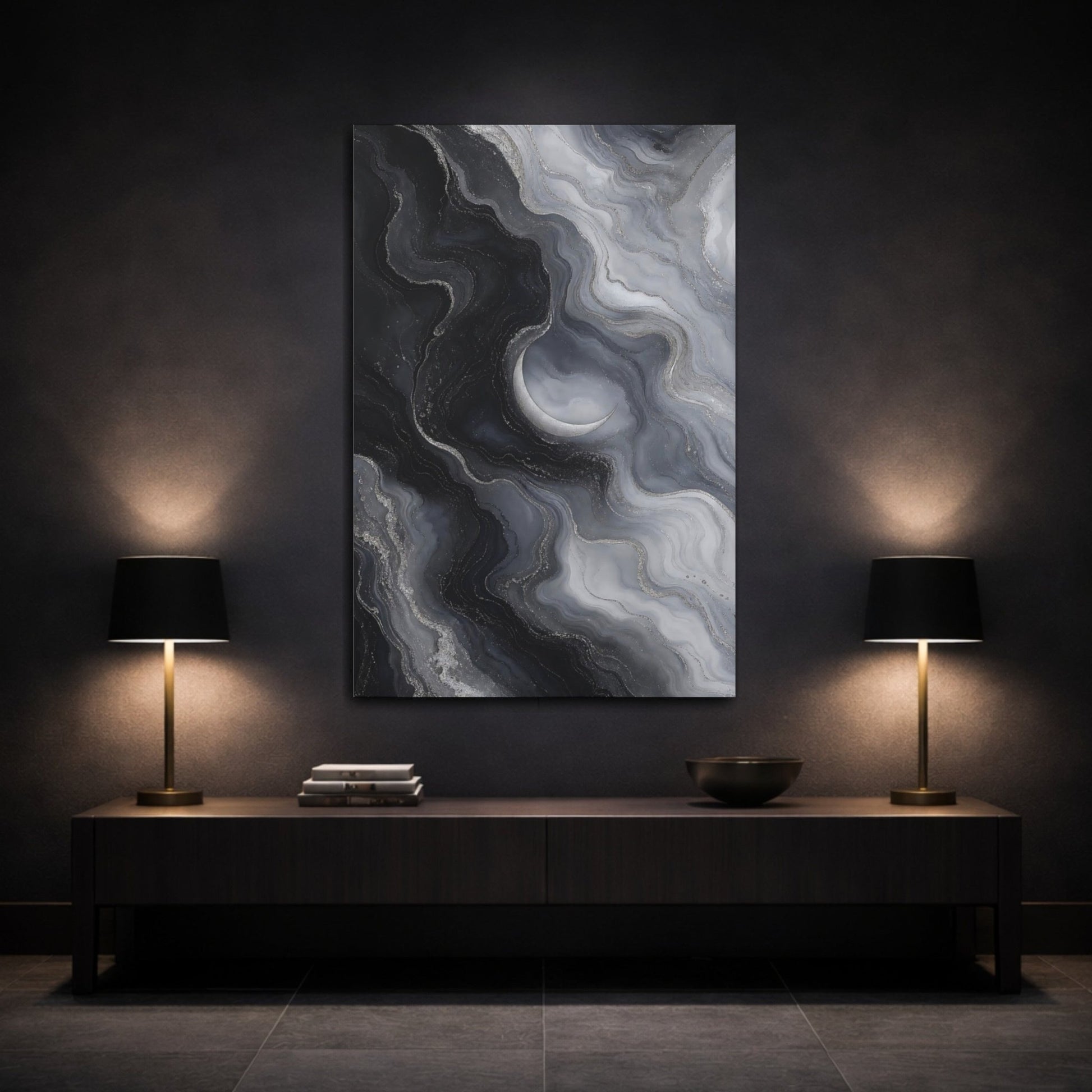 Abstract Crescent Moon Dark Gray Silver Canvas Print – Living Room, Large Wall, Monochrome - YesArtYes