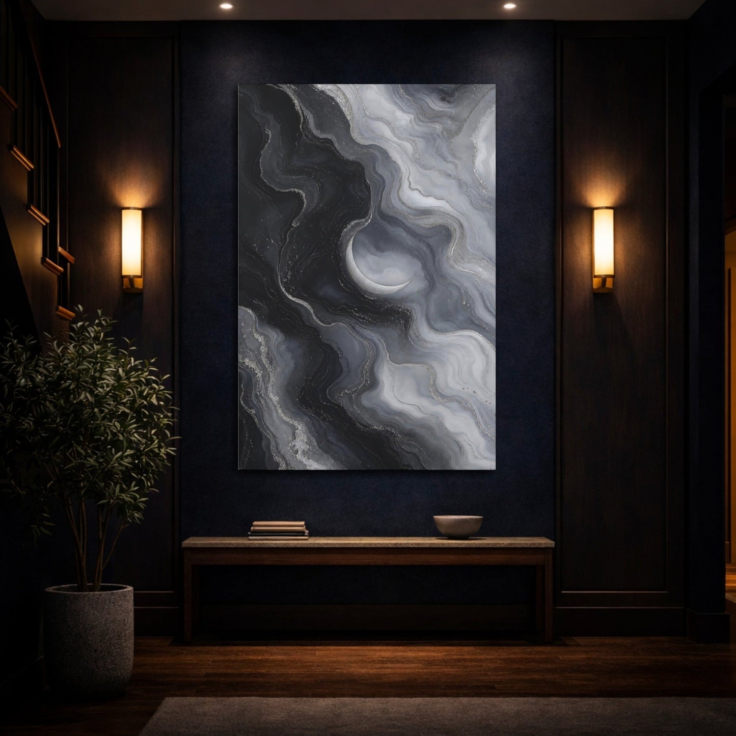 Abstract Crescent Moon Dark Gray Silver Canvas Print – Living Room, Large Wall, Monochrome - YesArtYes