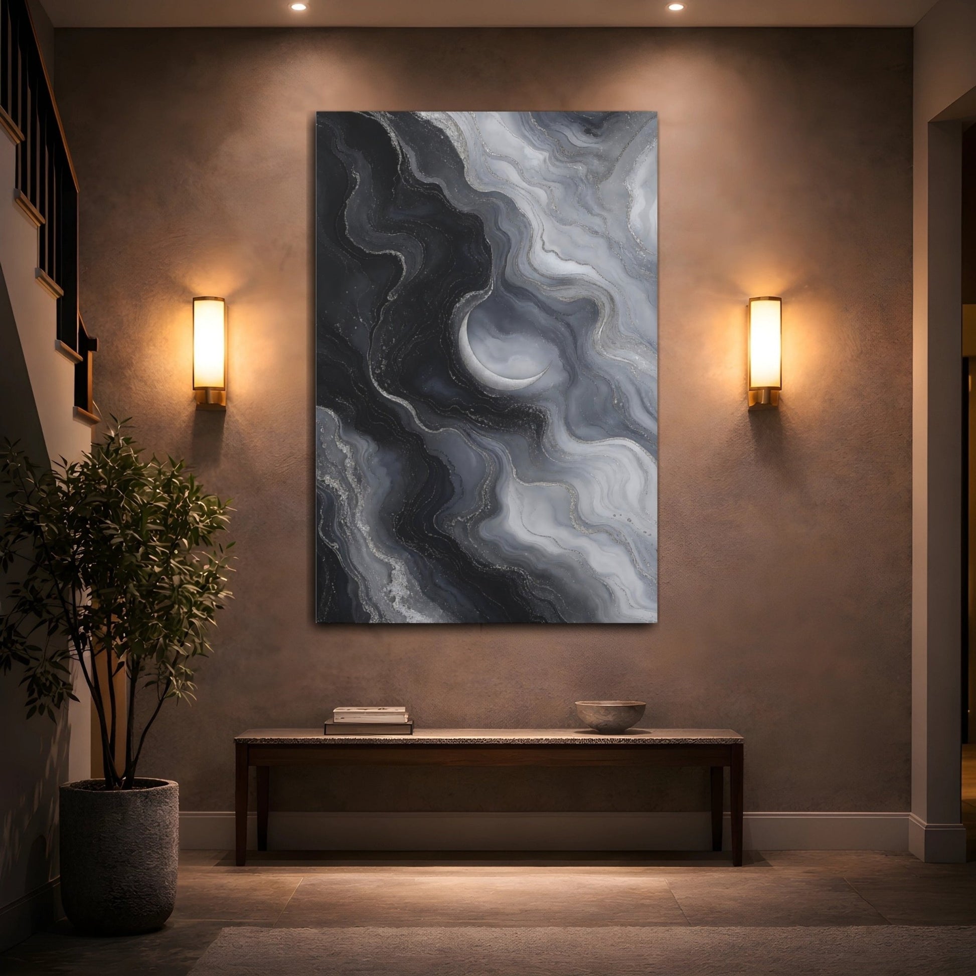 Abstract Crescent Moon Dark Gray Silver Canvas Print – Living Room, Large Wall, Monochrome - YesArtYes