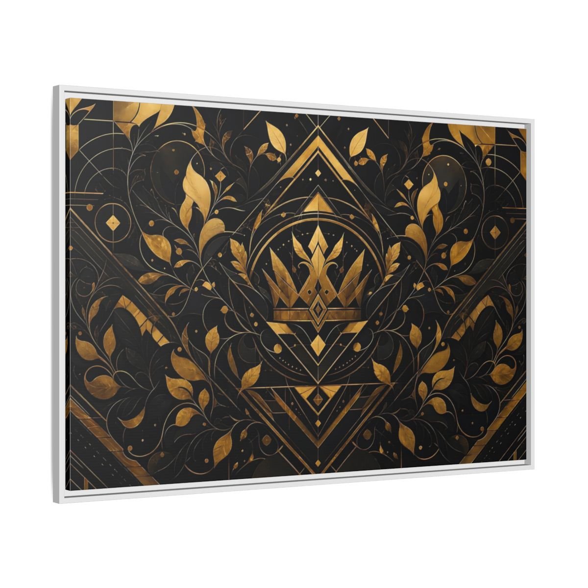 Abstract Crown Gold And Black Framed Canvas Print – Art Deco Living Room, Above Fireplace - YesArtYes