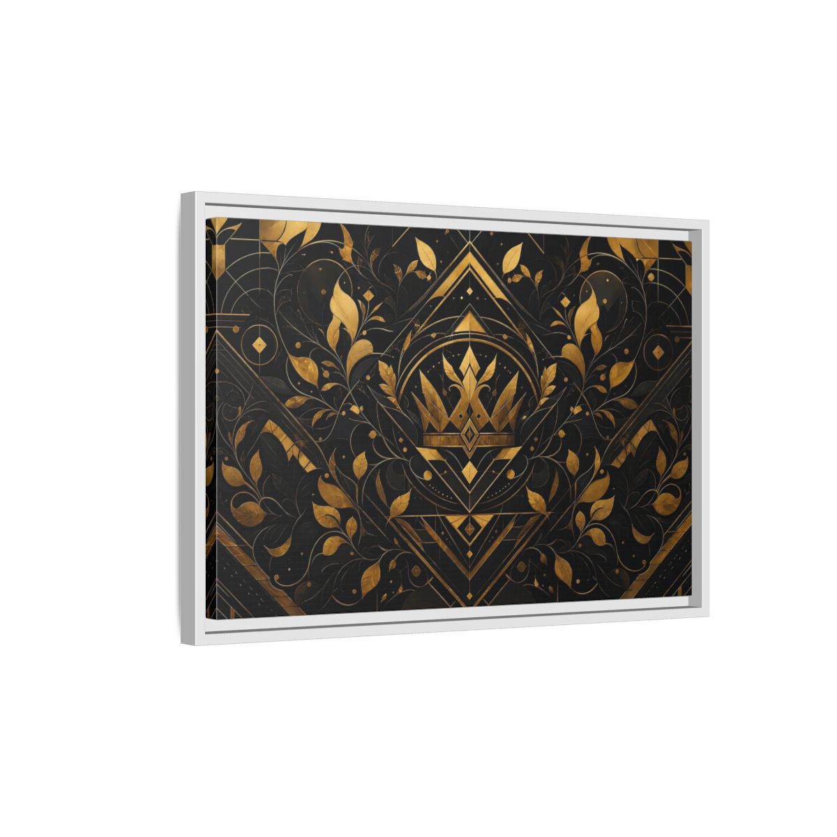 Side Mockup 1. Abstract Crown Gold And Black shown as framed canvas print