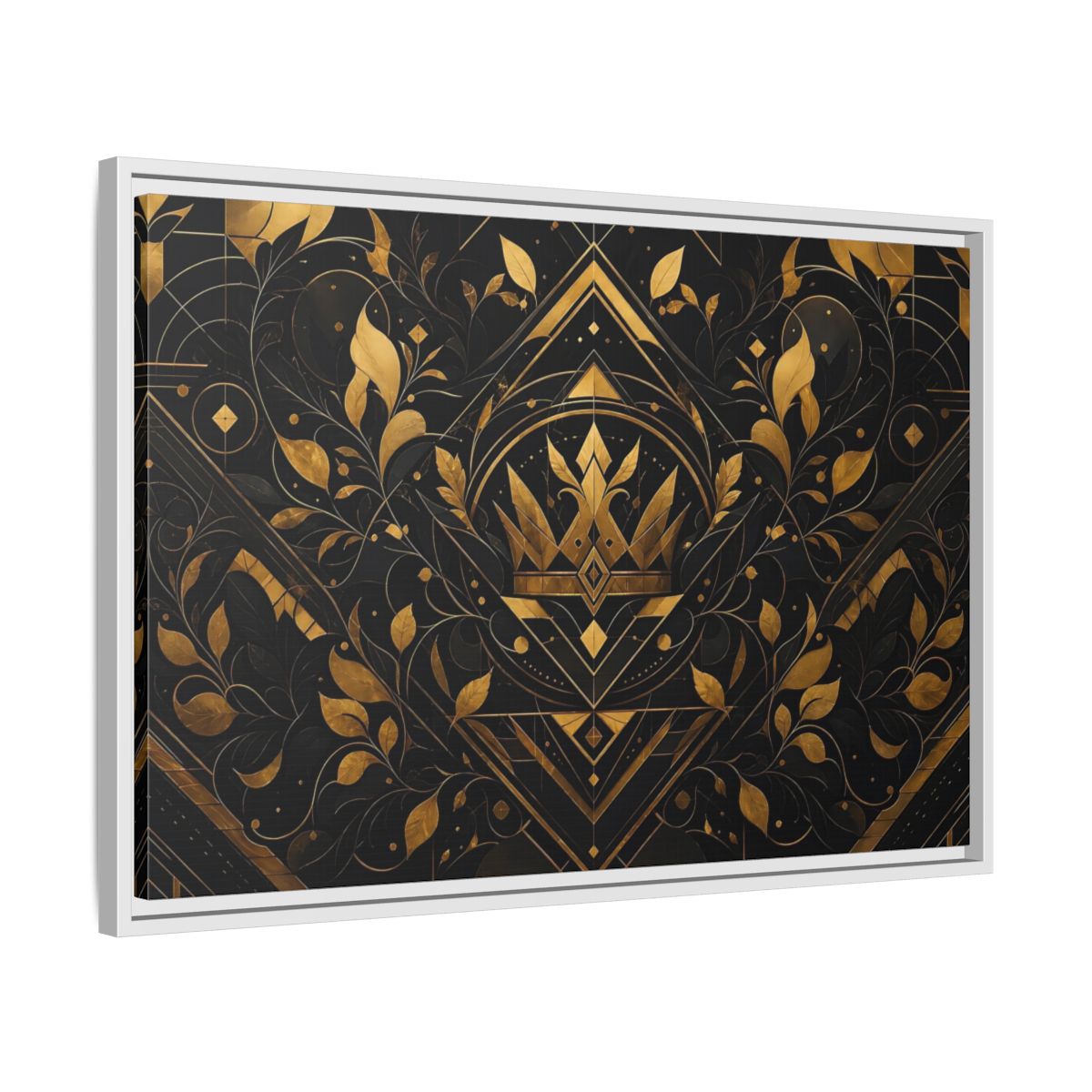 Side Mockup 10. Abstract Crown Gold And Black shown as framed canvas print