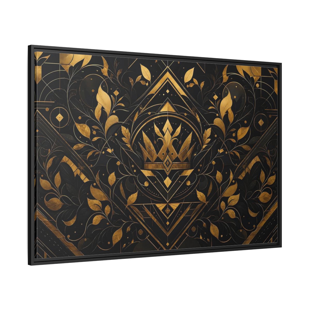Side Mockup 12. Abstract Crown Gold And Black shown as framed canvas print