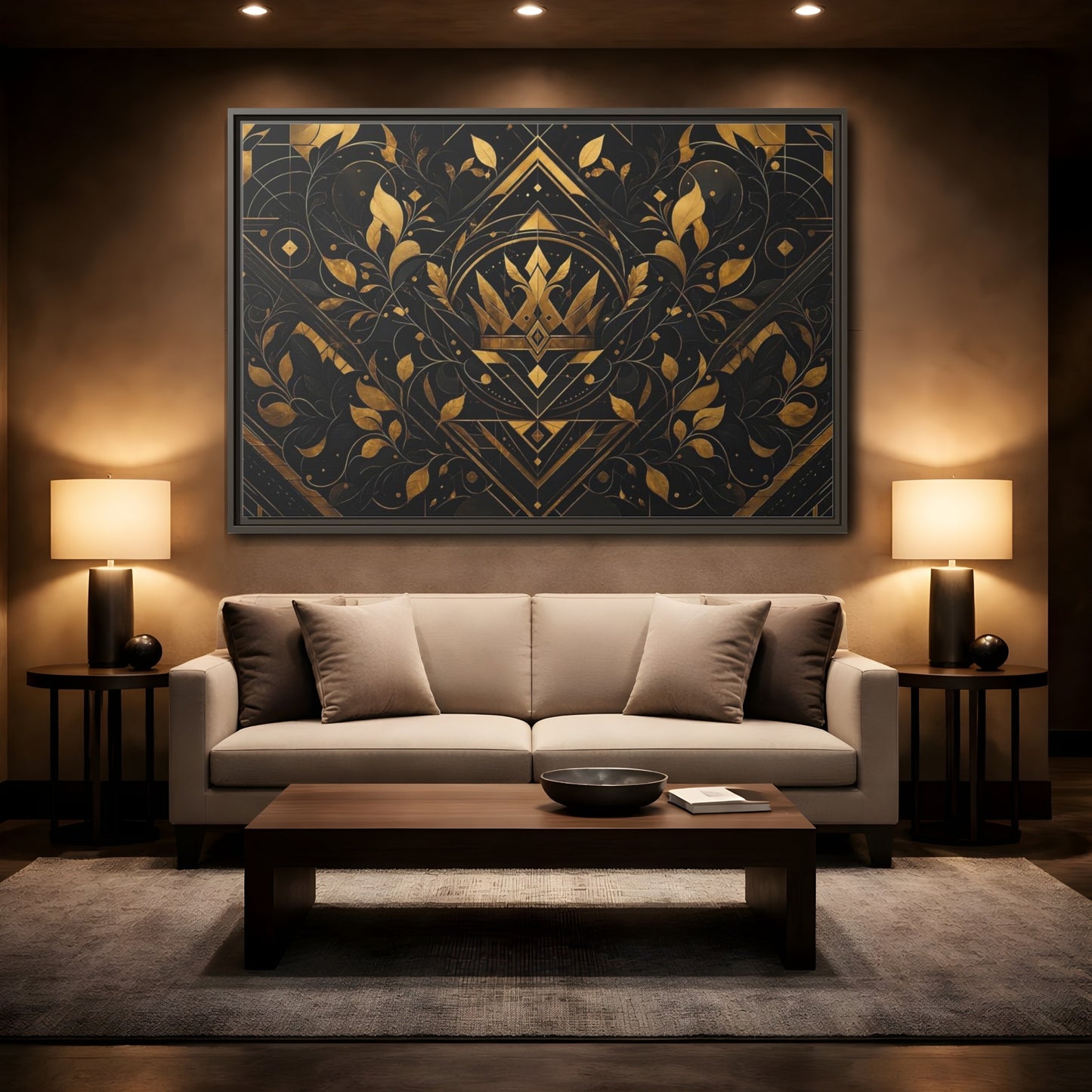 Mockup 2. Abstract Crown Gold And Black shown as framed canvas print