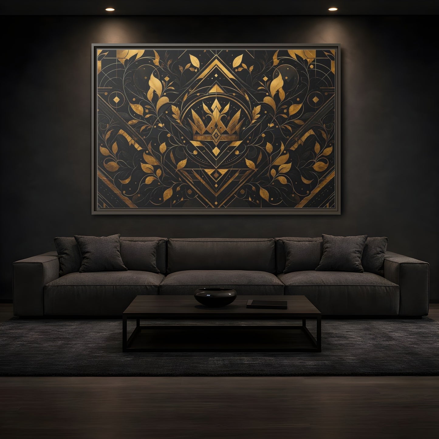 Mockup 3. Abstract Crown Gold And Black shown as framed canvas print