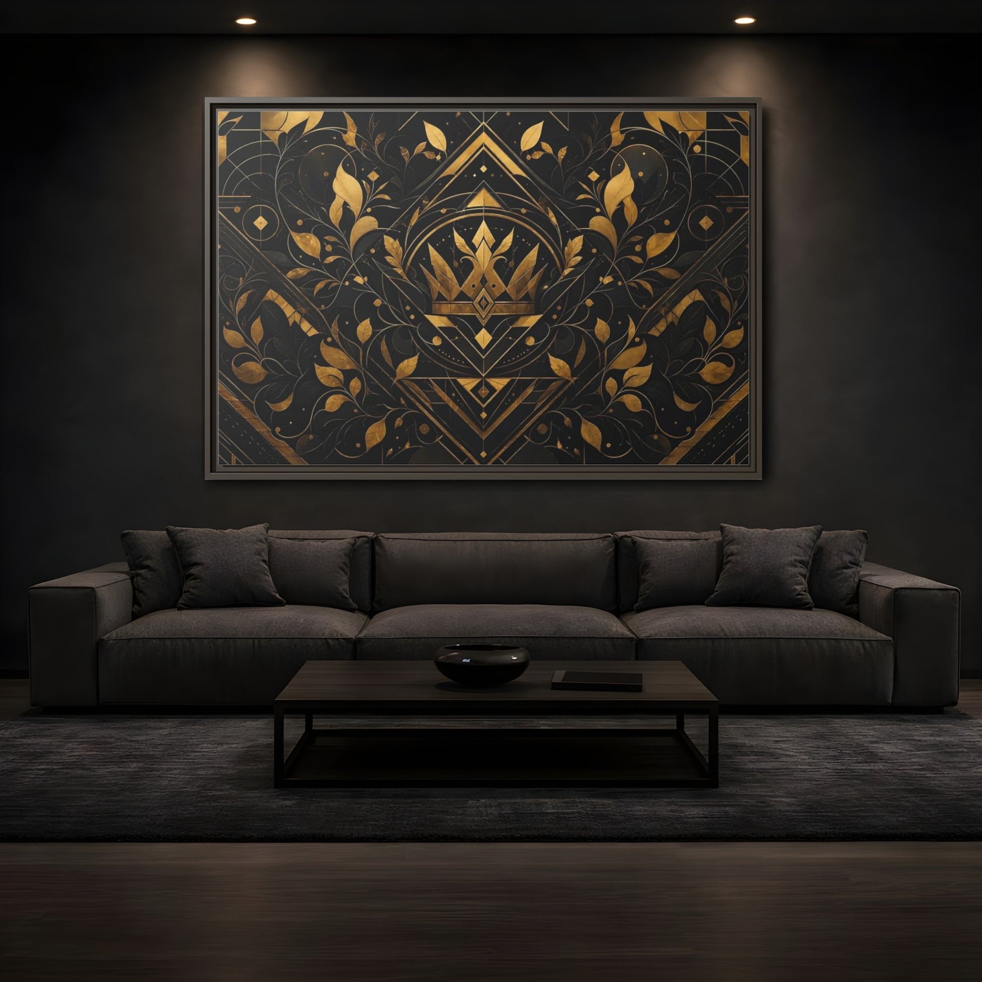 Mockup 3. Abstract Crown Gold And Black shown as framed canvas print