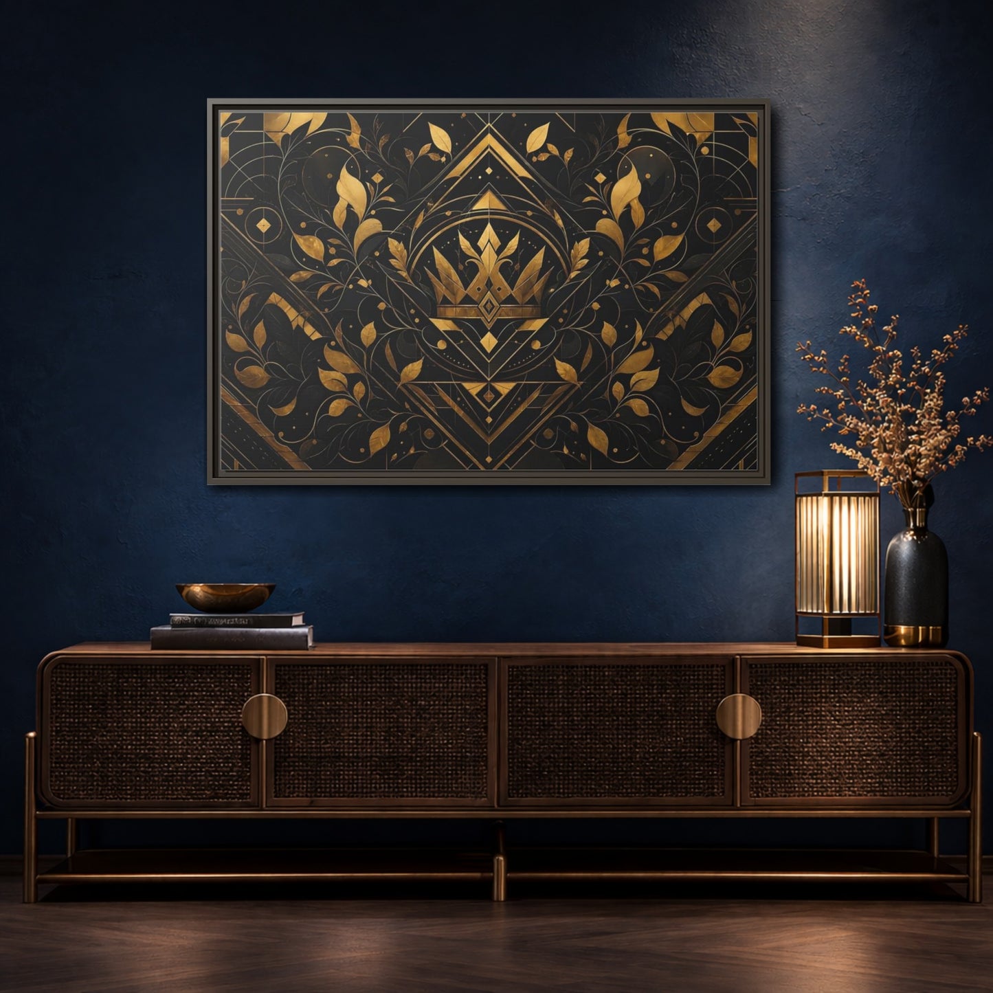 Mockup 4. Abstract Crown Gold And Black shown as framed canvas print