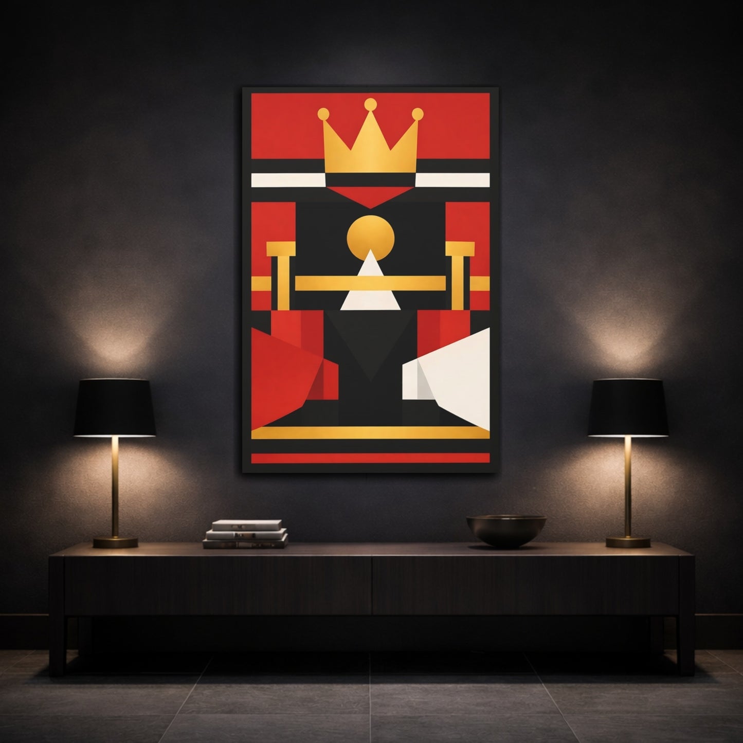 Mockup 2. Abstract Crown Red Black Gold shown as stretched canvas wall art