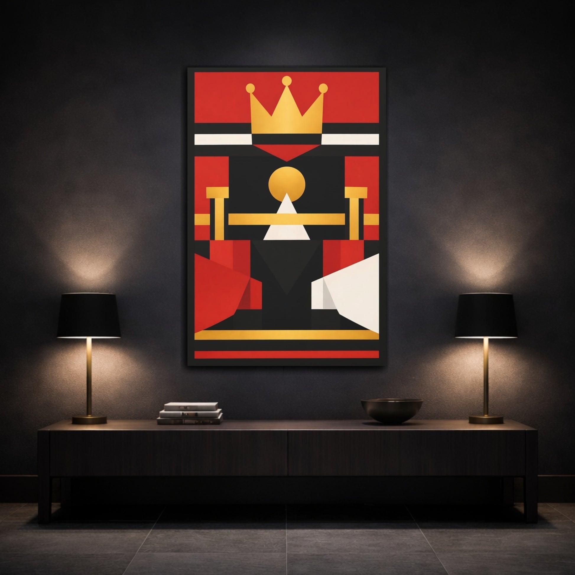 Mockup 2. Abstract Crown Red Black Gold shown as stretched canvas wall art