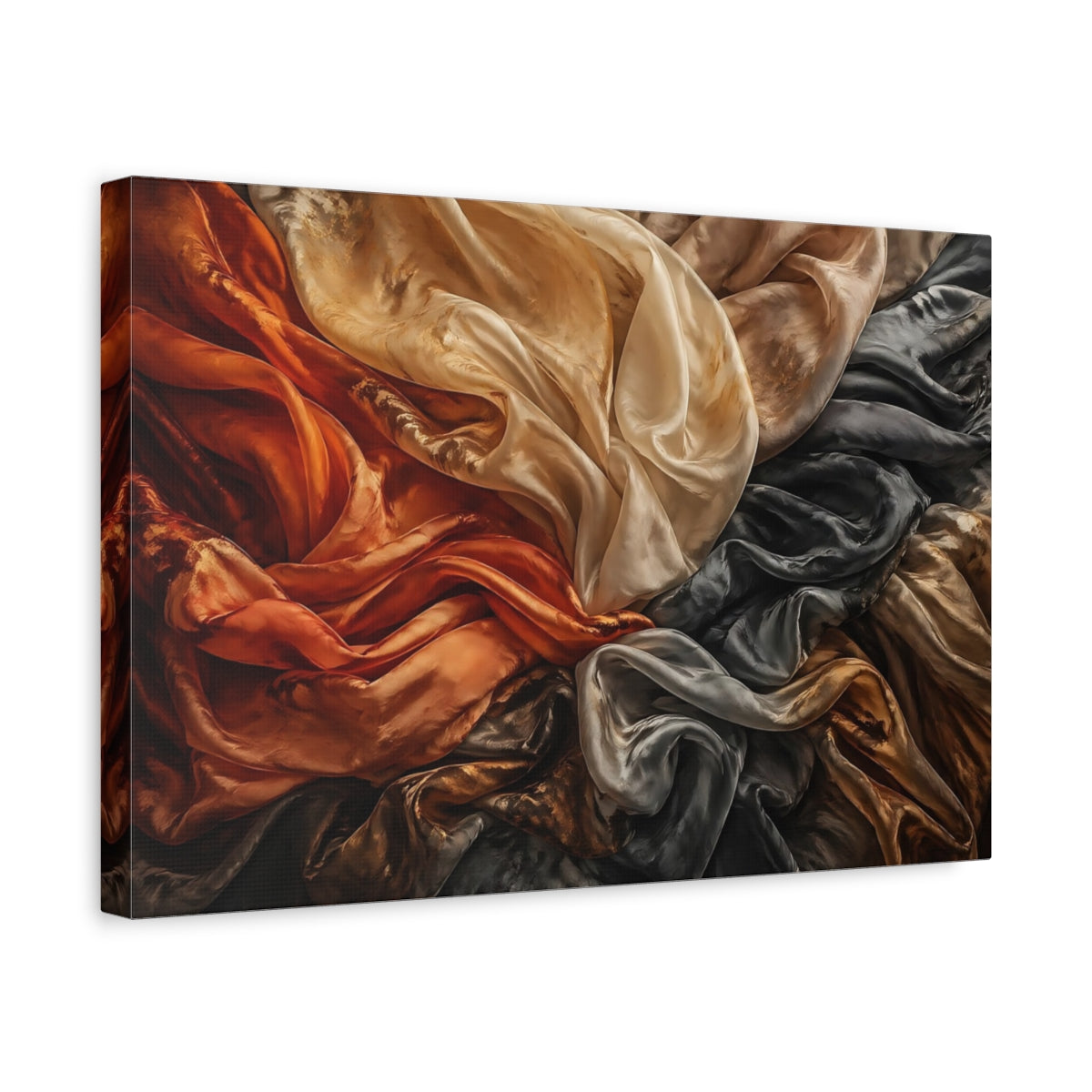 Side Mockup 4. Abstract Crumpled Fabric Warm And Cool Fabric shown as stretched canvas wall art
