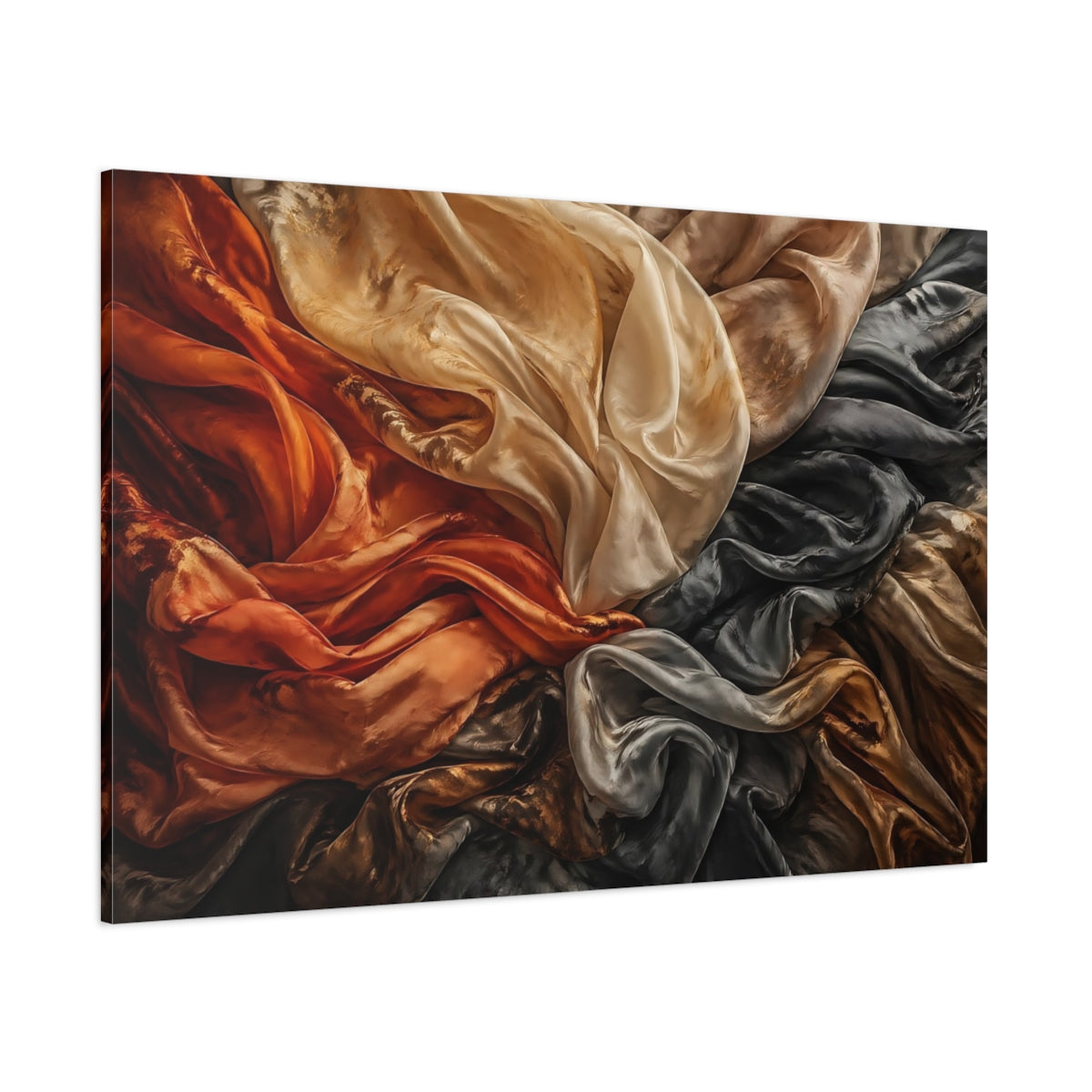 Side Mockup 1. Abstract Crumpled Fabric Warm And Cool Fabric shown as stretched canvas wall art