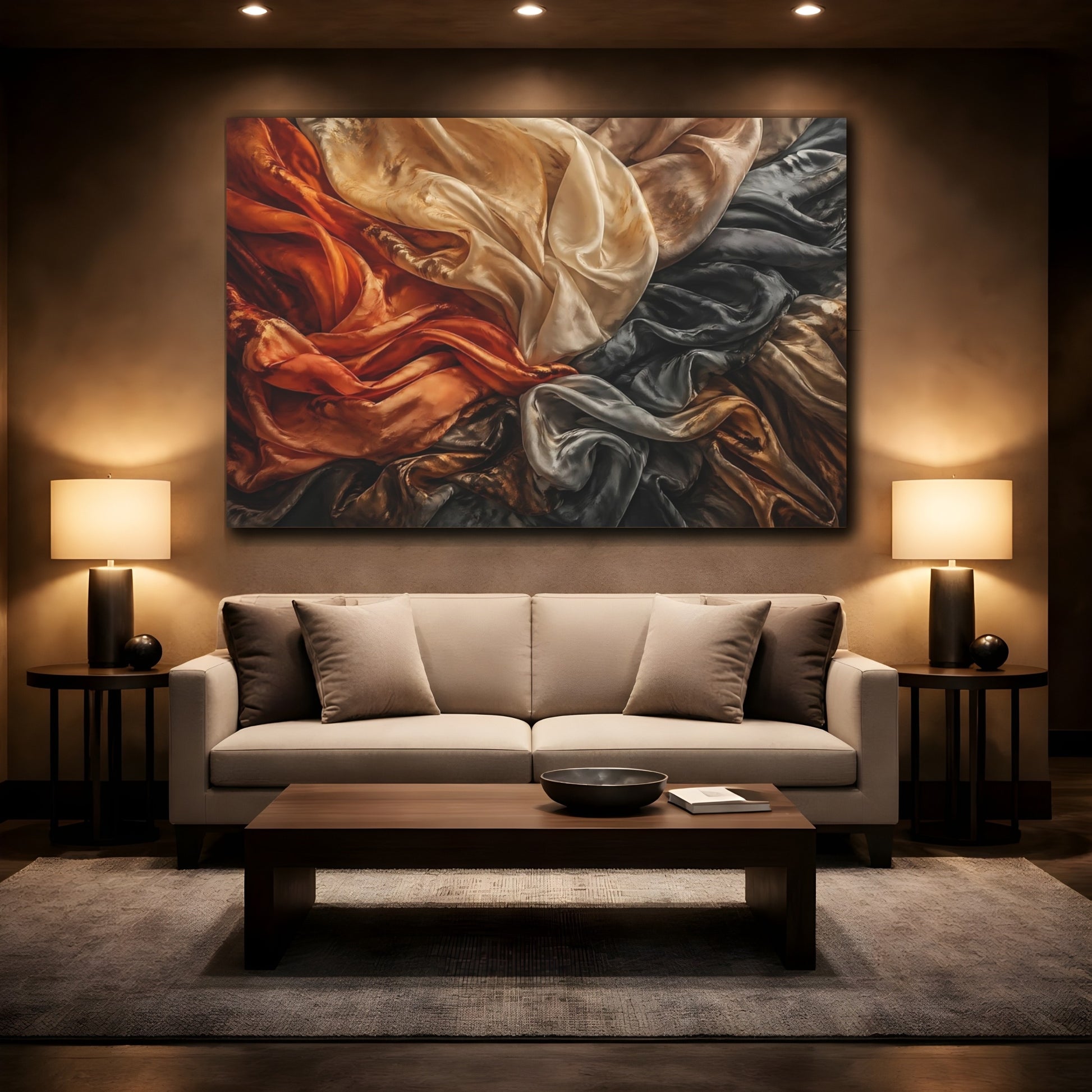 Mockup 2. Abstract Crumpled Fabric Warm And Cool Fabric shown as stretched canvas wall art