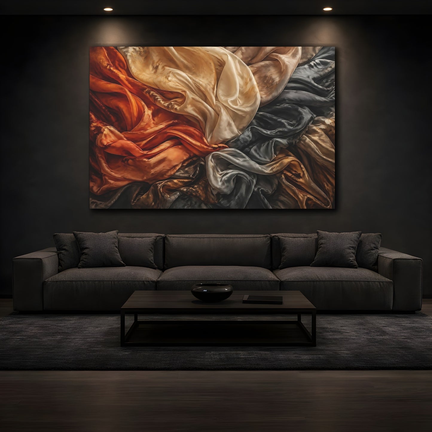 Mockup 3. Abstract Crumpled Fabric Warm And Cool Fabric shown as stretched canvas wall art