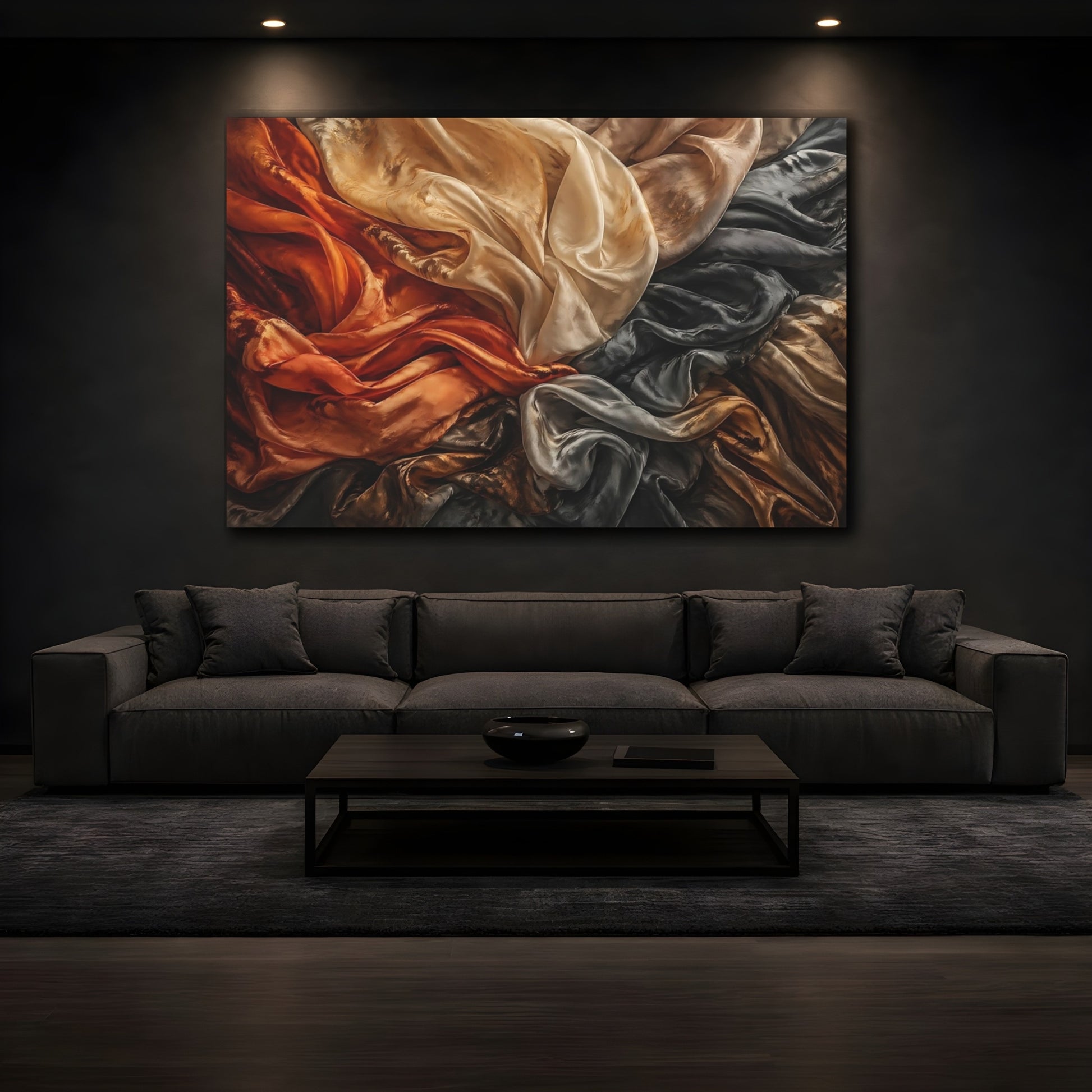 Mockup 3. Abstract Crumpled Fabric Warm And Cool Fabric shown as stretched canvas wall art