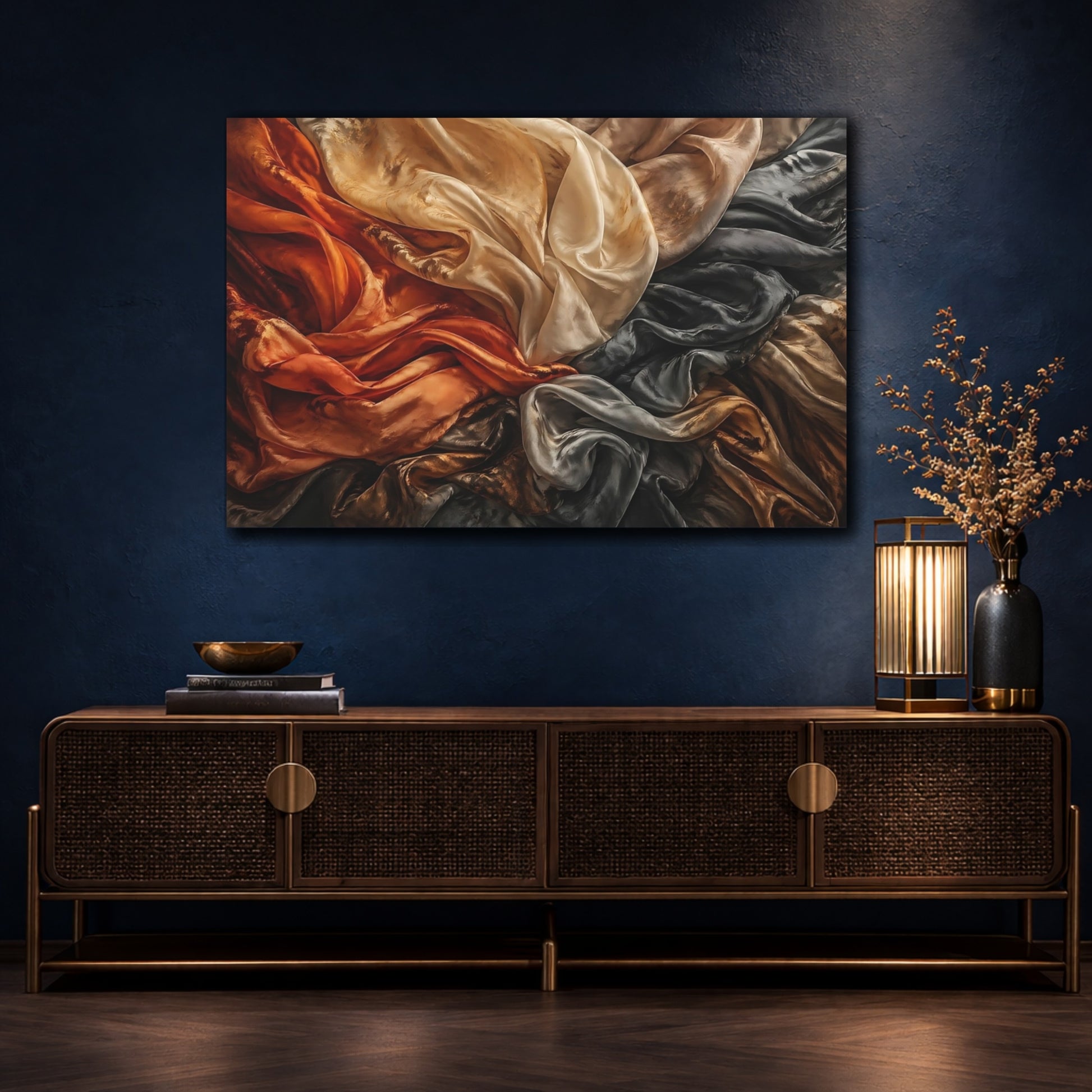 Mockup 4. Abstract Crumpled Fabric Warm And Cool Fabric shown as stretched canvas wall art