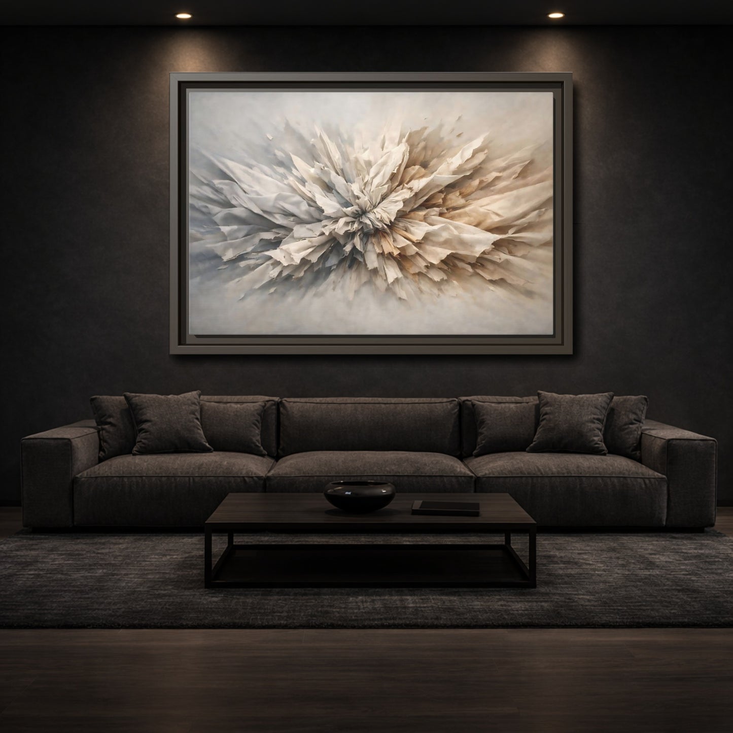 Mockup 2. Abstract Crumpled Texture Neutral Abstract shown as stretched canvas wall art
