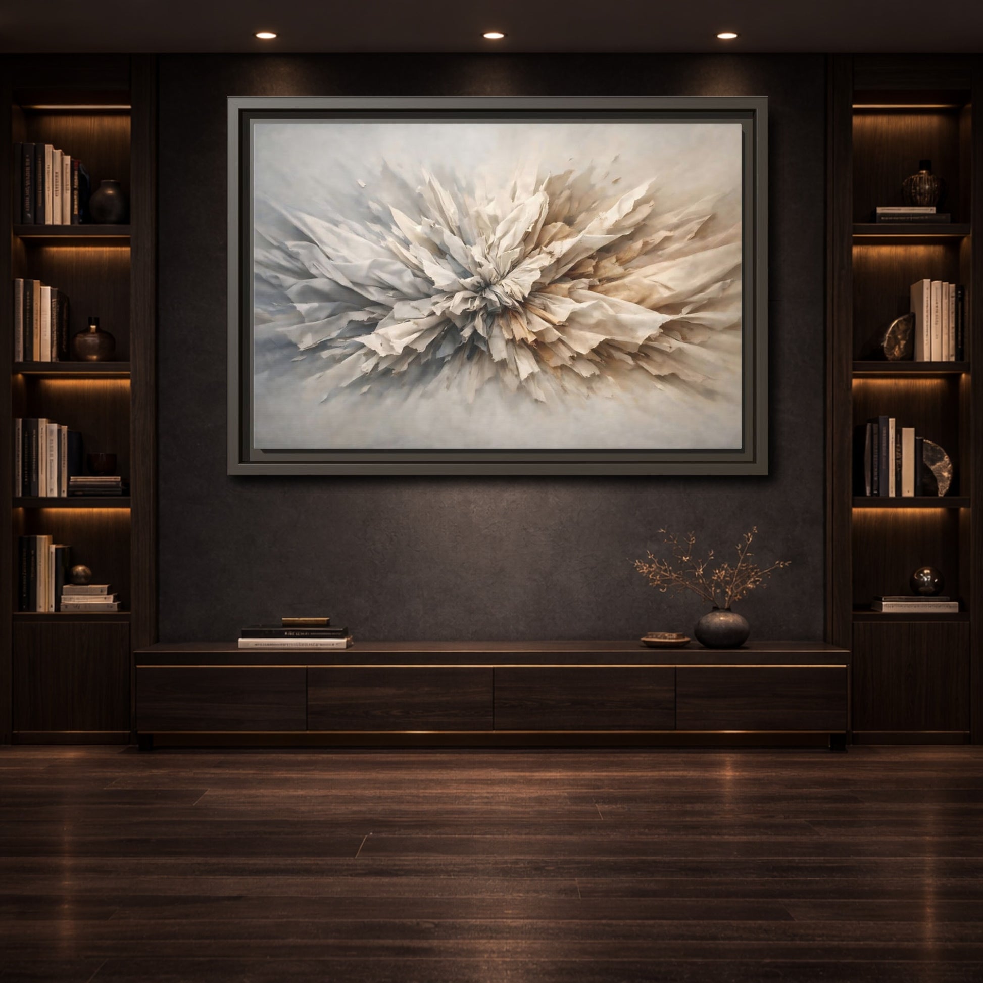 Mockup 3. Abstract Crumpled Texture Neutral Abstract shown as stretched canvas wall art